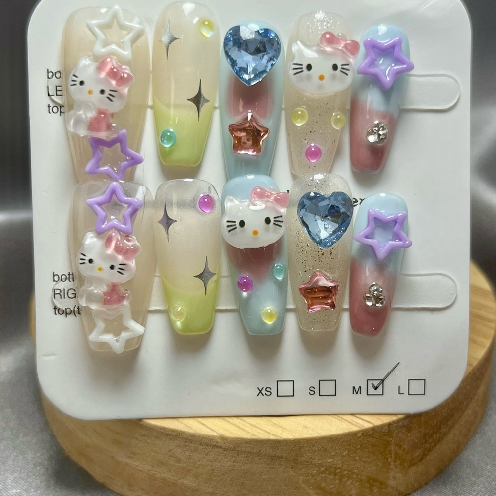 Cute Hello Kitty Press On Nail Art 10 pc 3D Charms handmade reusable, medium NWT